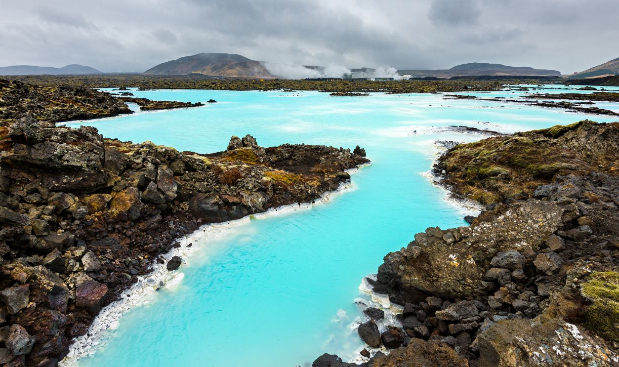 Wide angle view of the landscape at the Blue Lagoon in Iceland, Europe.