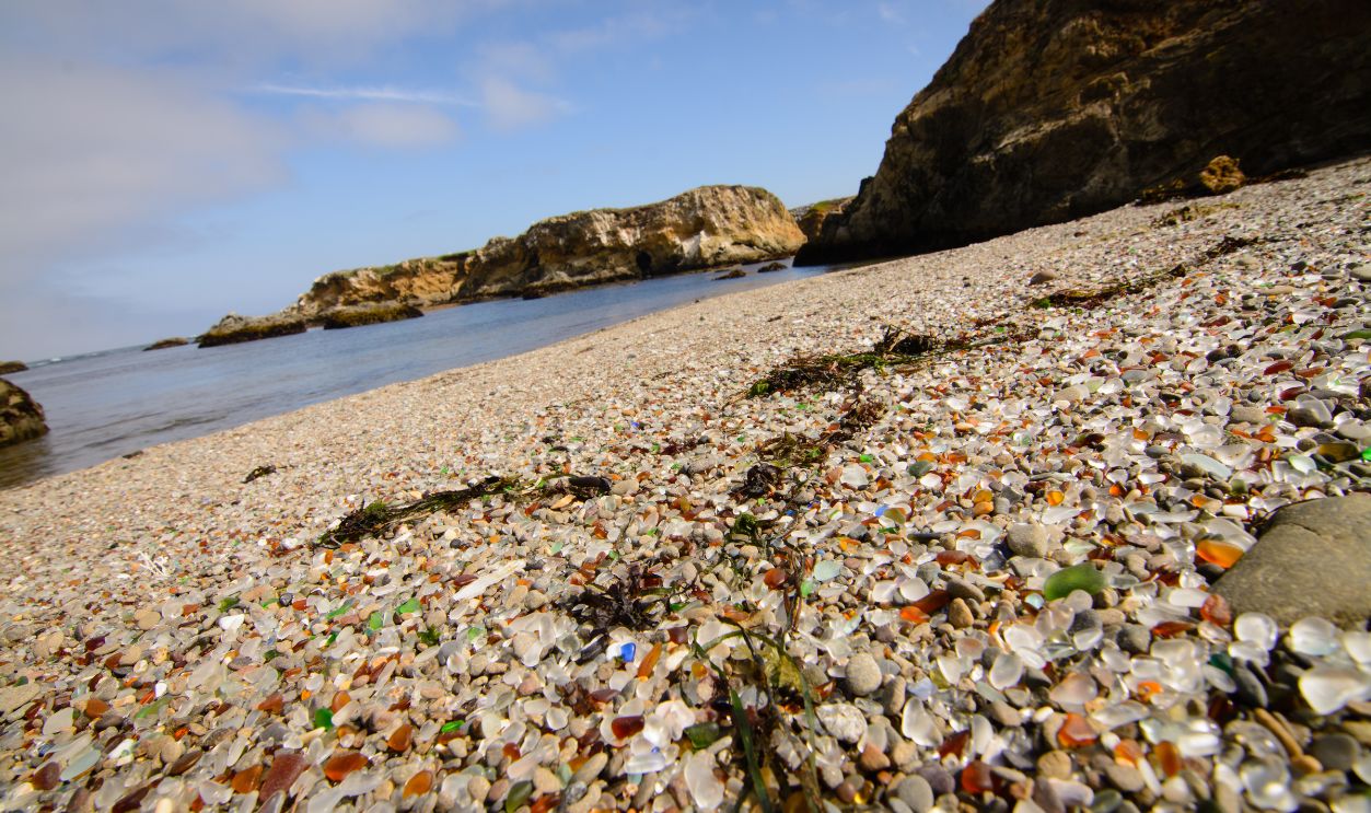 Glass Trash is washed by waves and polished to create a beach of polished glass. Glass beach state park california.