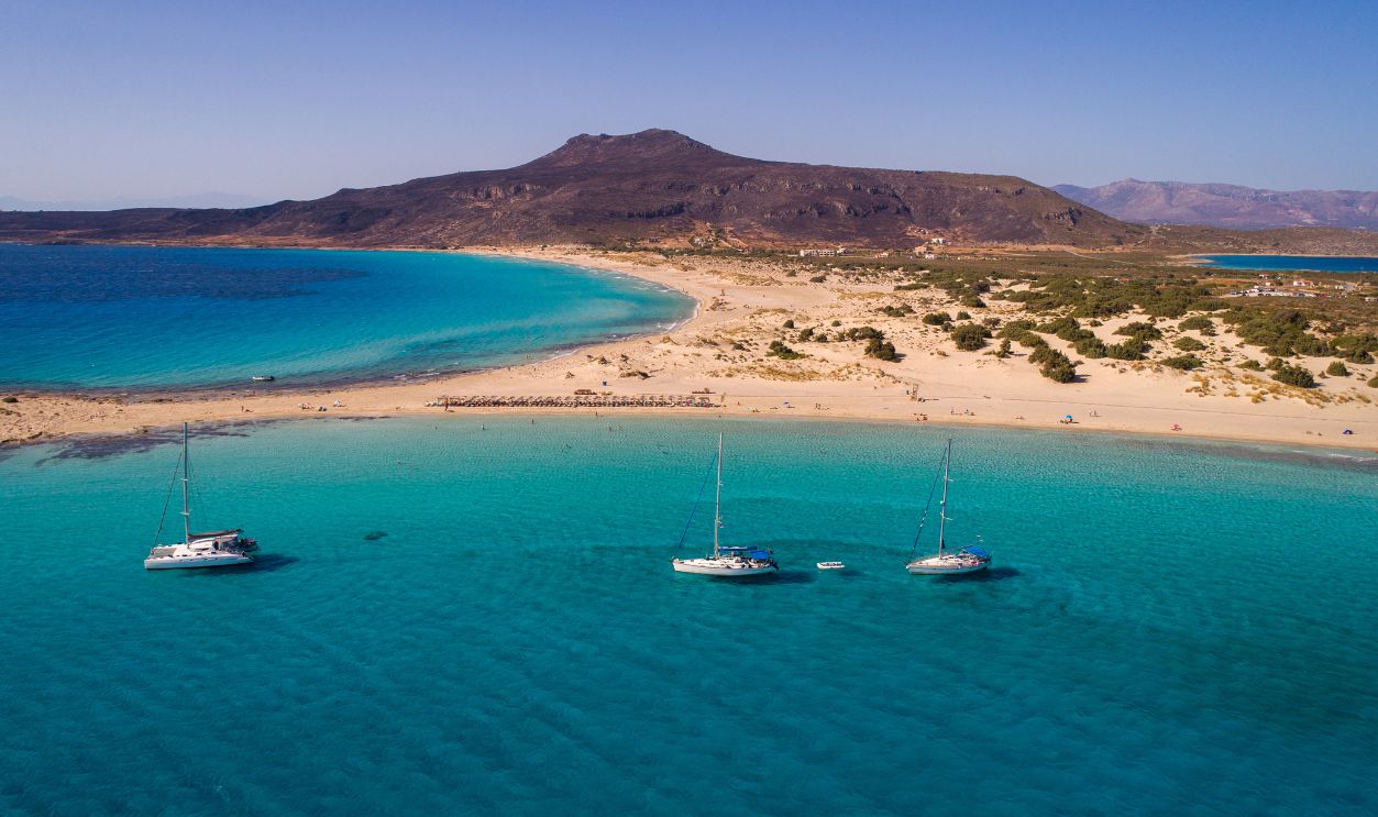 Aerial view of Elafonisi beach on south Peloponnese. Natural landscape, beautiful lagoon, amazing color of water and sand beaches made this place very popular