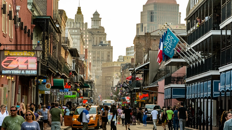 Crowded Bourbon Street in New Orleans, Louisiana, USA
