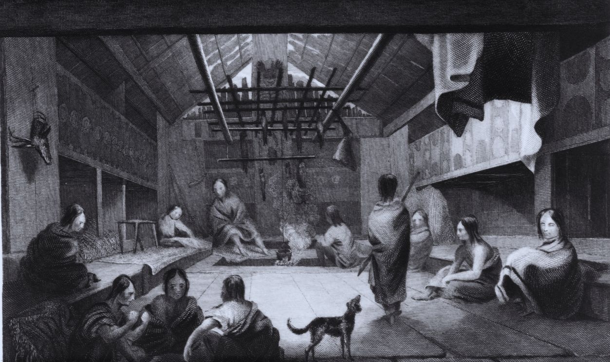 Gettyimages - 3088707, Chinook Lodge circa 1778: People gathered around the central fire-pit of a Chinook lodge house. Original Artwork: Engraved by R W Dodson and drawn by A T Agate, after a sketch by John Webber. 