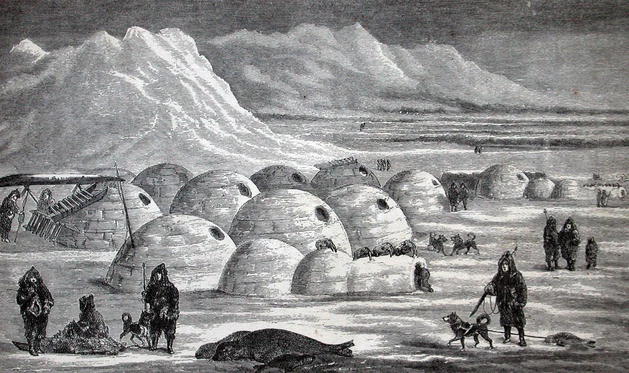 Illustration of an Inuit village, Oopungnewing, near Frobisher Bay on Baffin Island. mid 19th century.