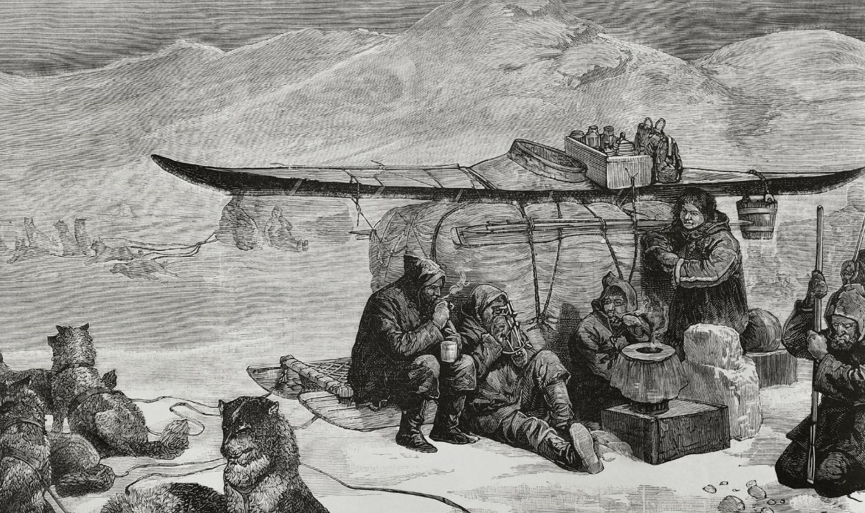 Captain Sir John Franklin's lost expedition to the Canadian Arctic, that departed from England in 1845, tragically ended with the death of all 129 crew members. The Admiralty launched a search for the lost expedition in 1848. Expedition in search of Franklin's remains. Expeditioners rest at the foot of Divide Mountain. Engraving. La Ilustracion Española y Americana, 1881. 