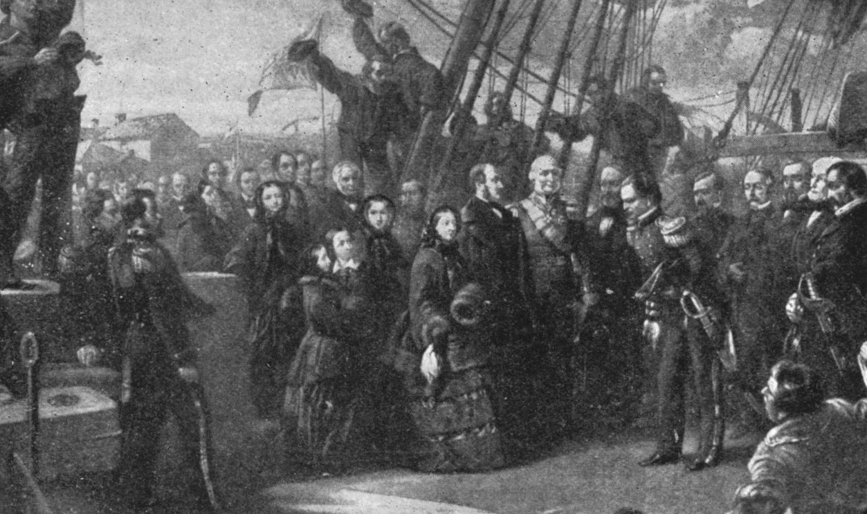 Queen Victoria's Interest in the Search for Franklin: Her Majesty visiting the Arctic Ship 'Resolute', December 16, 1856', (1901). Victoria and her husband Prince Albert on board HMS 'Resolute' which had been recovered after being trapped in polar ice in 1854 during an Arctic expedition. She had been looking for traces of John Franklin's ill-fated Northwest Passage expedition of 1845. 