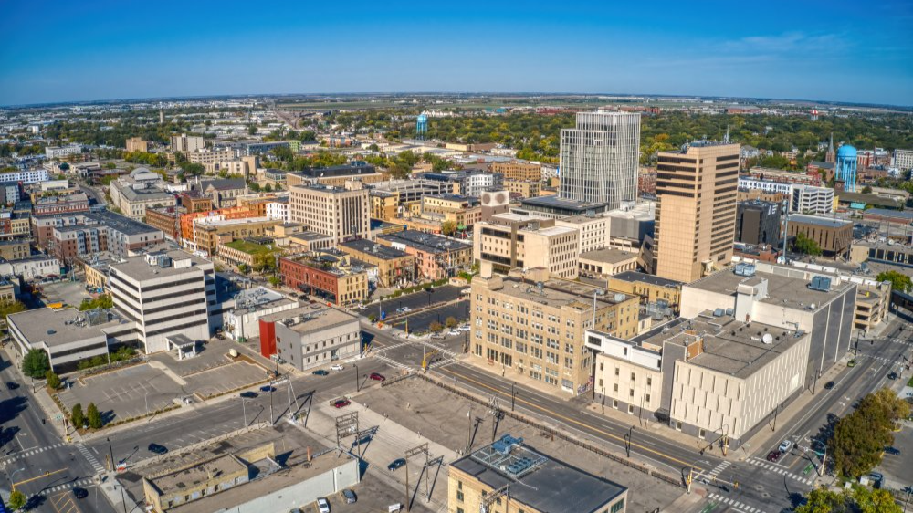 The image showcases a Vibrant urban scene of Fargo, North Dakota
