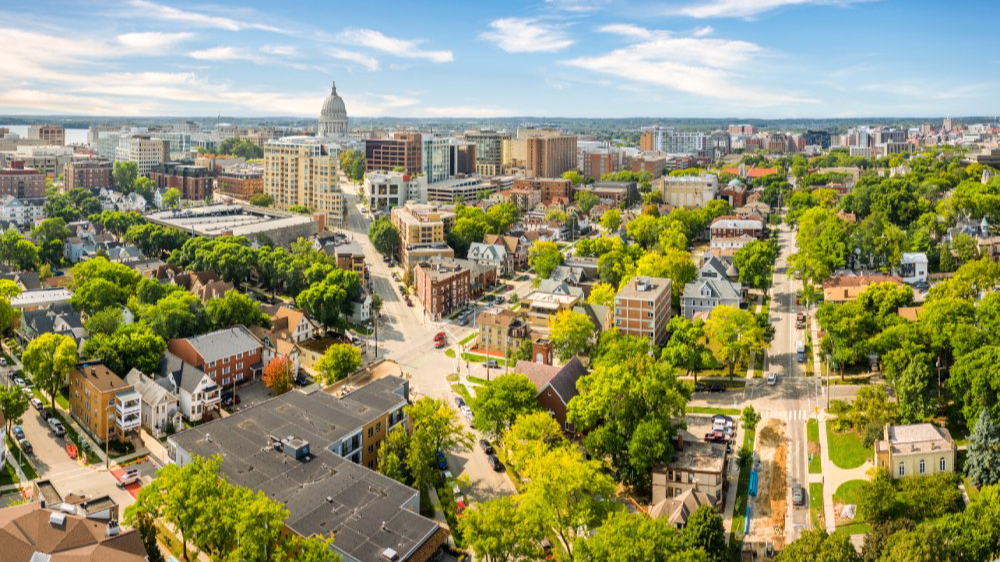 The image showcases a Vibrant urban scene of Madison, Wisconsin