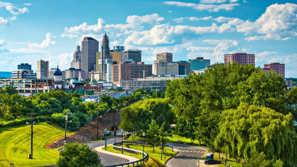 Vibrant urban scene of Hartford, Connecticut captured from a high vantage point