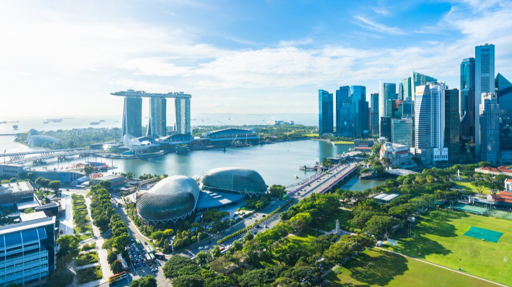 The image showcases a Vibrant urban scene of Singapore city-state