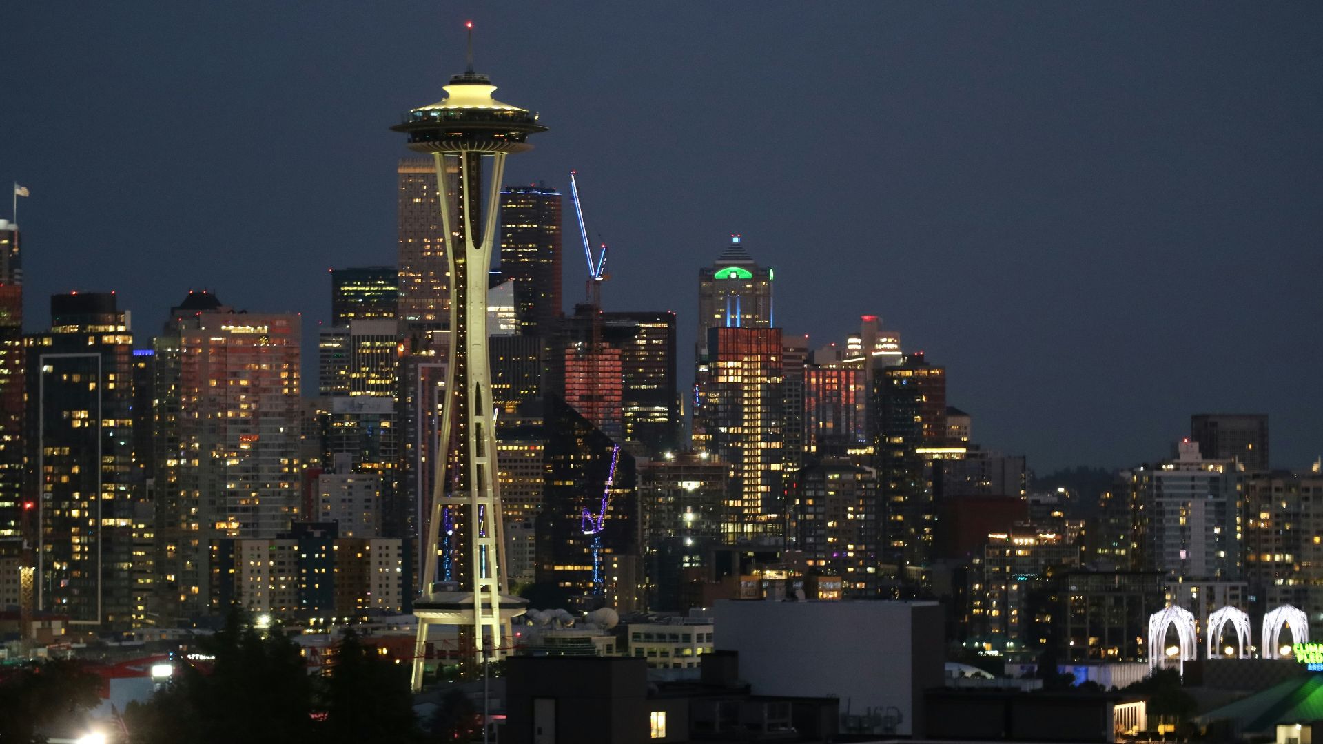 a view of a city skyline at night