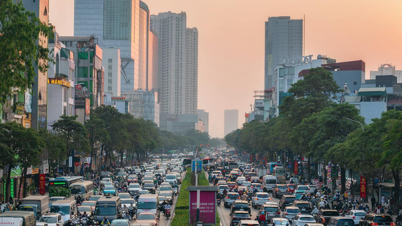 The image showcases a Vibrant urban scene of Hanoi, Vietnam