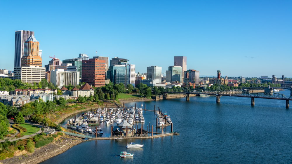 Vibrant urban scene of Portland, Oregon captured from a high vantage point