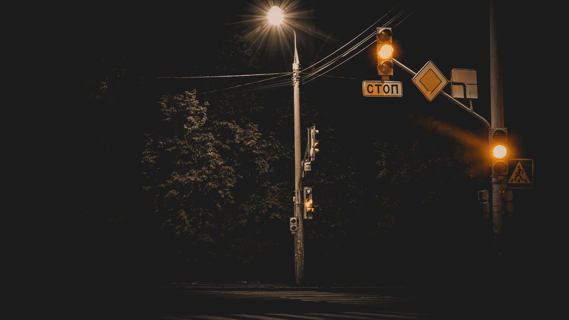 gray street post near green trees during nighttime