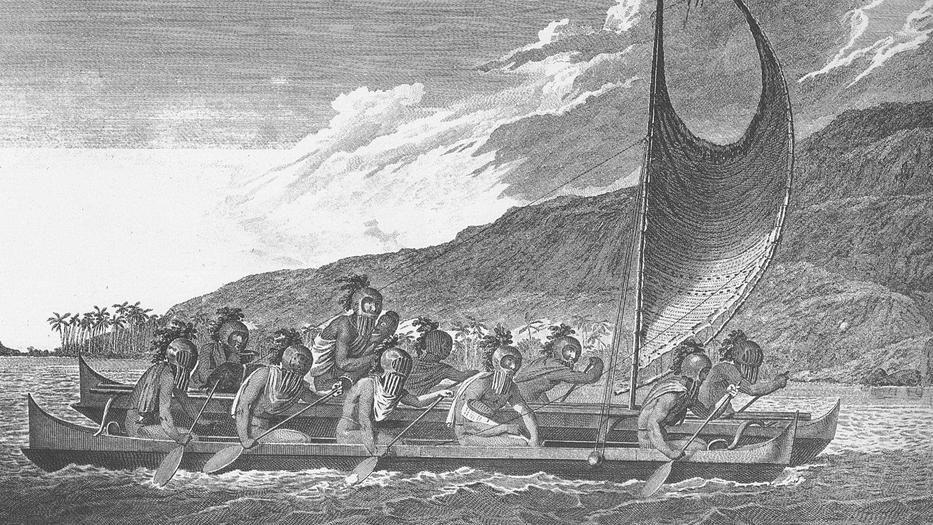 File:Priests traveling across kealakekua bay for first contact rituals.jpg
