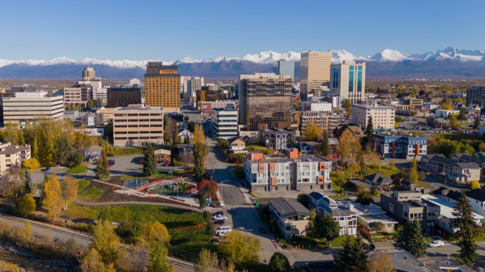 Vibrant urban scene of Anchorage, Alaska captured from a high vantage point