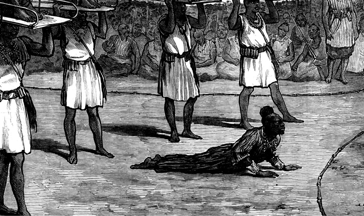 Victims of the Mem-Hoo-Who, Dahomey, 1873. 'The kingdom of Dahomey...has usually been regarded as one of the most bloodthirsty...Some accounts, however, seem to have been much exaggerated...Mr. J. A. Sketchly has just returned from Dahomey, where for six months he was the guest of the King, and an eyewitness to the grand annual