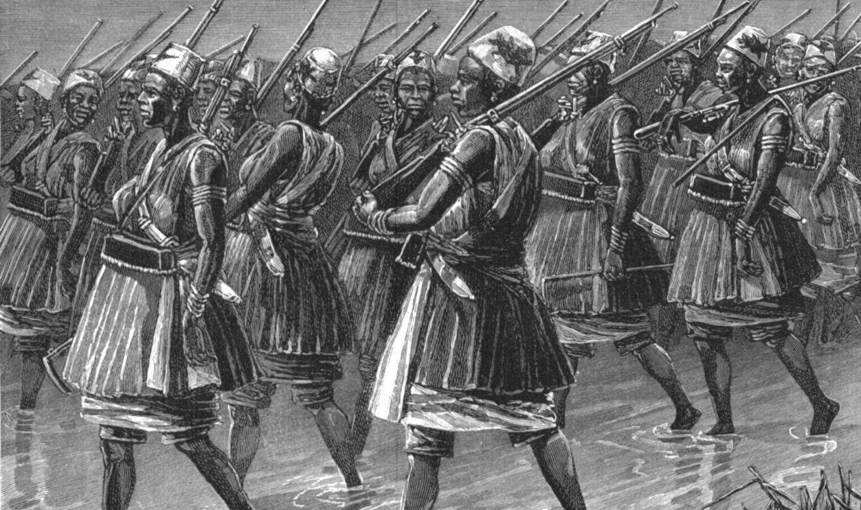 ''The French in Dahomey -- The King of Dahomey's Amazons crossing a swamp on the march', 1890. From