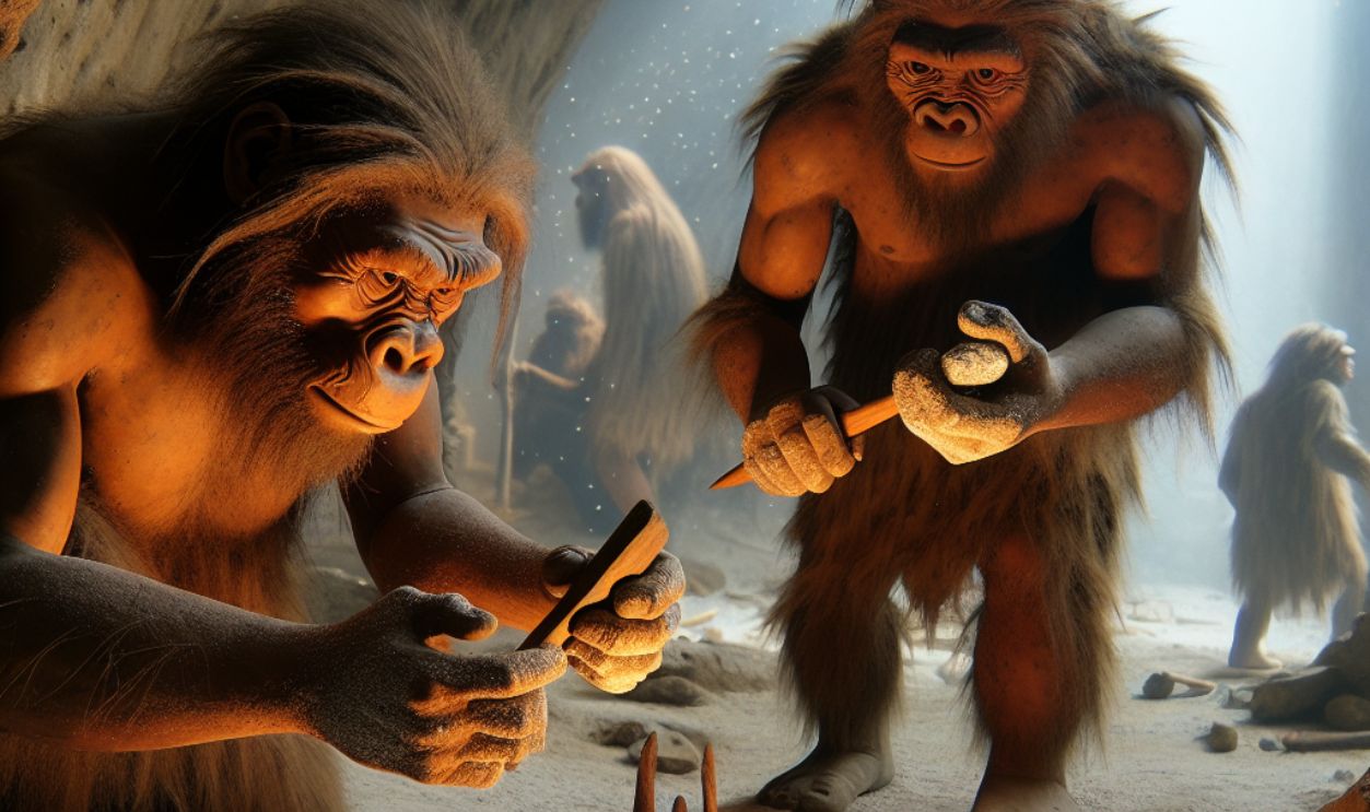 Image of Neanderthals learned to stick sharp stones onto wooden handles using tar (glue).
