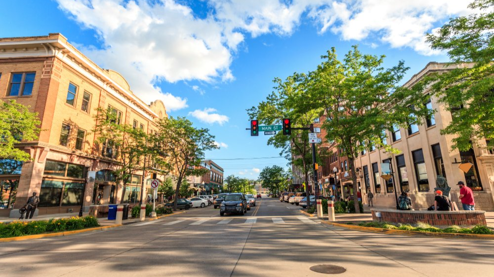 Street Photo of Rapid City in South Dakota, USA. Cloudy Sky in the Background.
