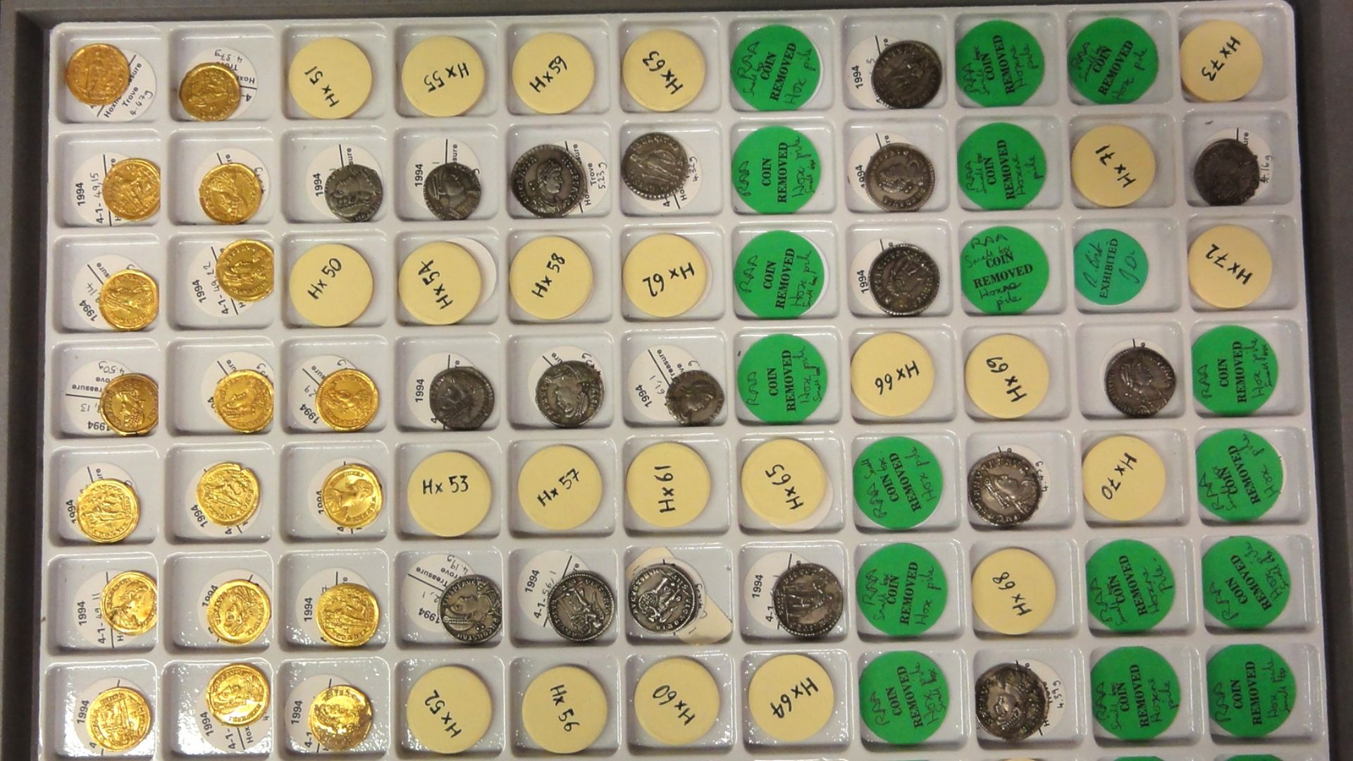 File:Hoxne Hoard tray of coins.JPG