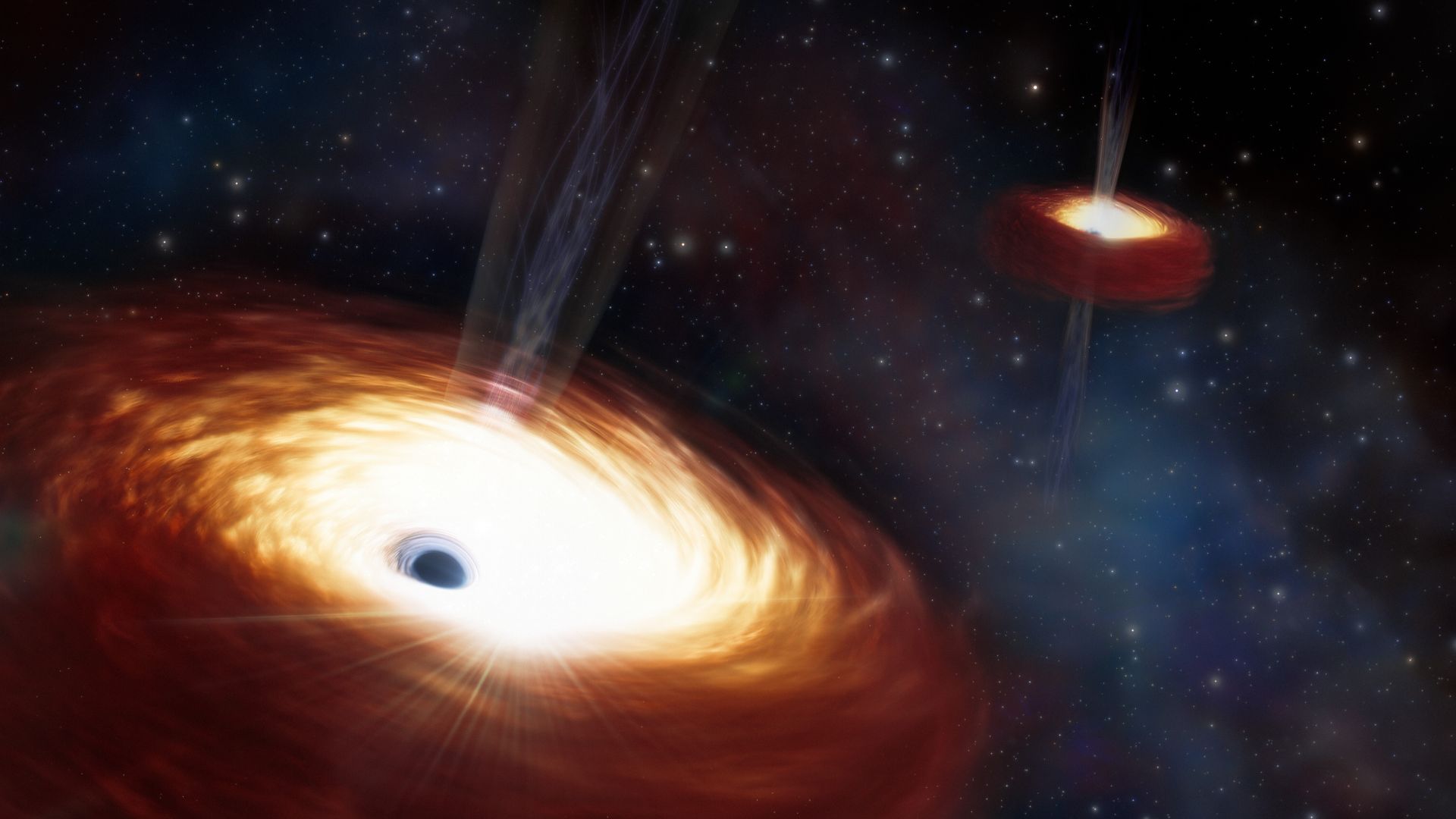 File:Artist’s Impression of Heaviest Supermassive Binary Black Hole (noirlab2405a).jpg