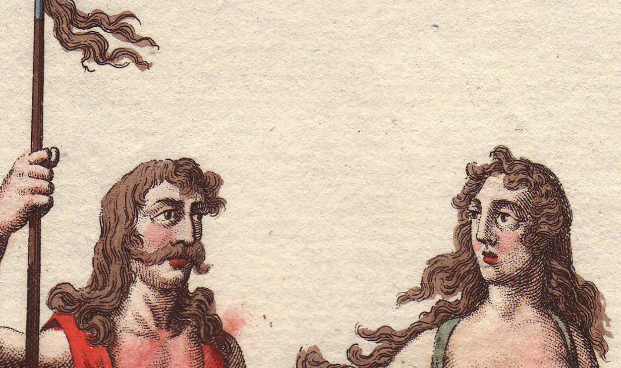 The Caledonians wore a garment without sleeves, which fell to the middle of the thigh, left the chest bare, and was tied with a belt, from which were hung a sword and shield (14).' 'The women wore a garment without sleeves, a little shorter than the men's; they left their breasts entirely exposed. They were armed, just like the men (15). The images were taken from the fourth part of [Speed's], Collection of the Dresses, etc.' Handcolored copperplate engraving from Robert von Spalart's 'Historical Picture of the Costumes of the Principal People of Antiquity and of the Middle Ages' (1796).