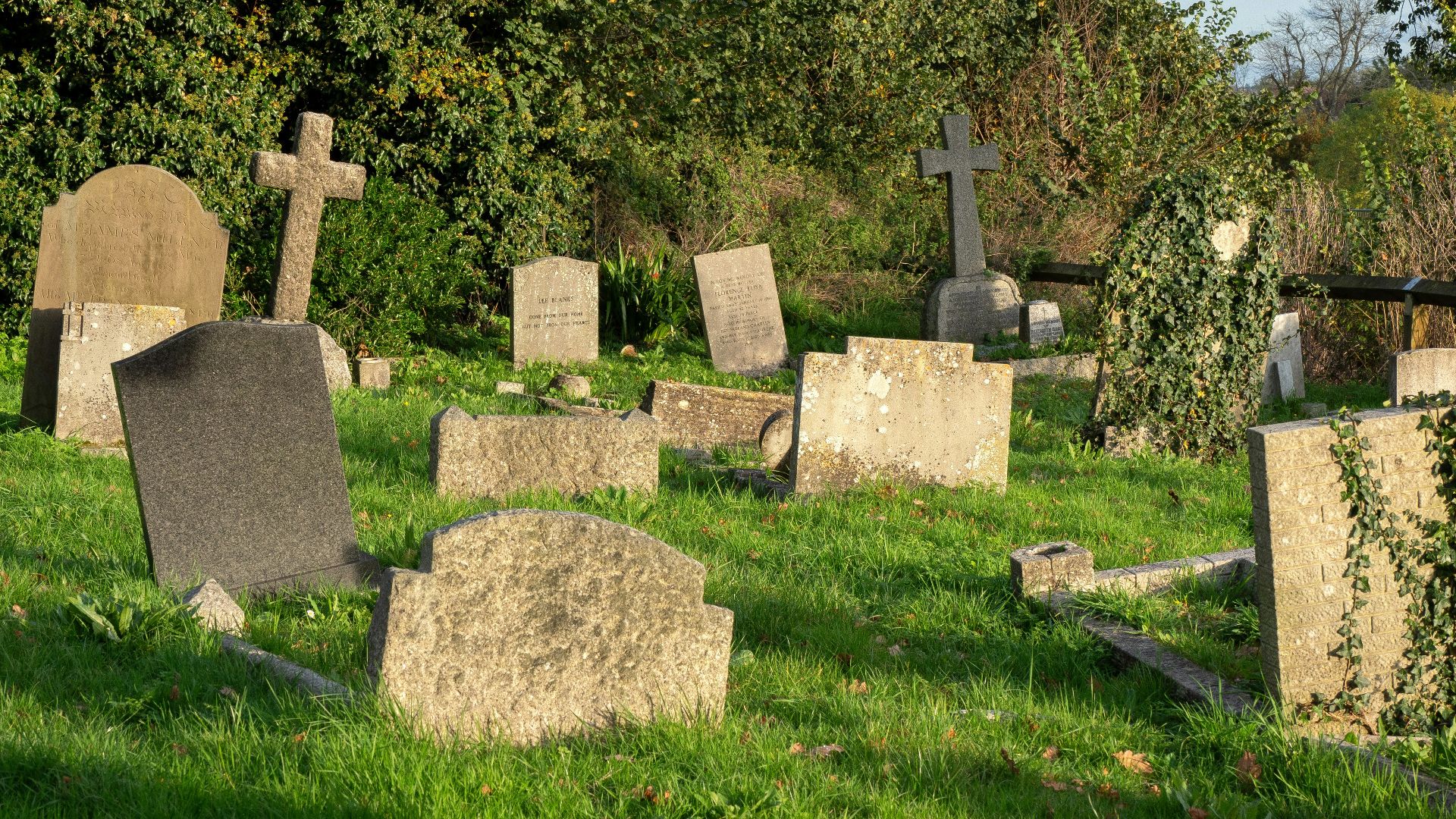 A bunch of headstones in a grassy field
