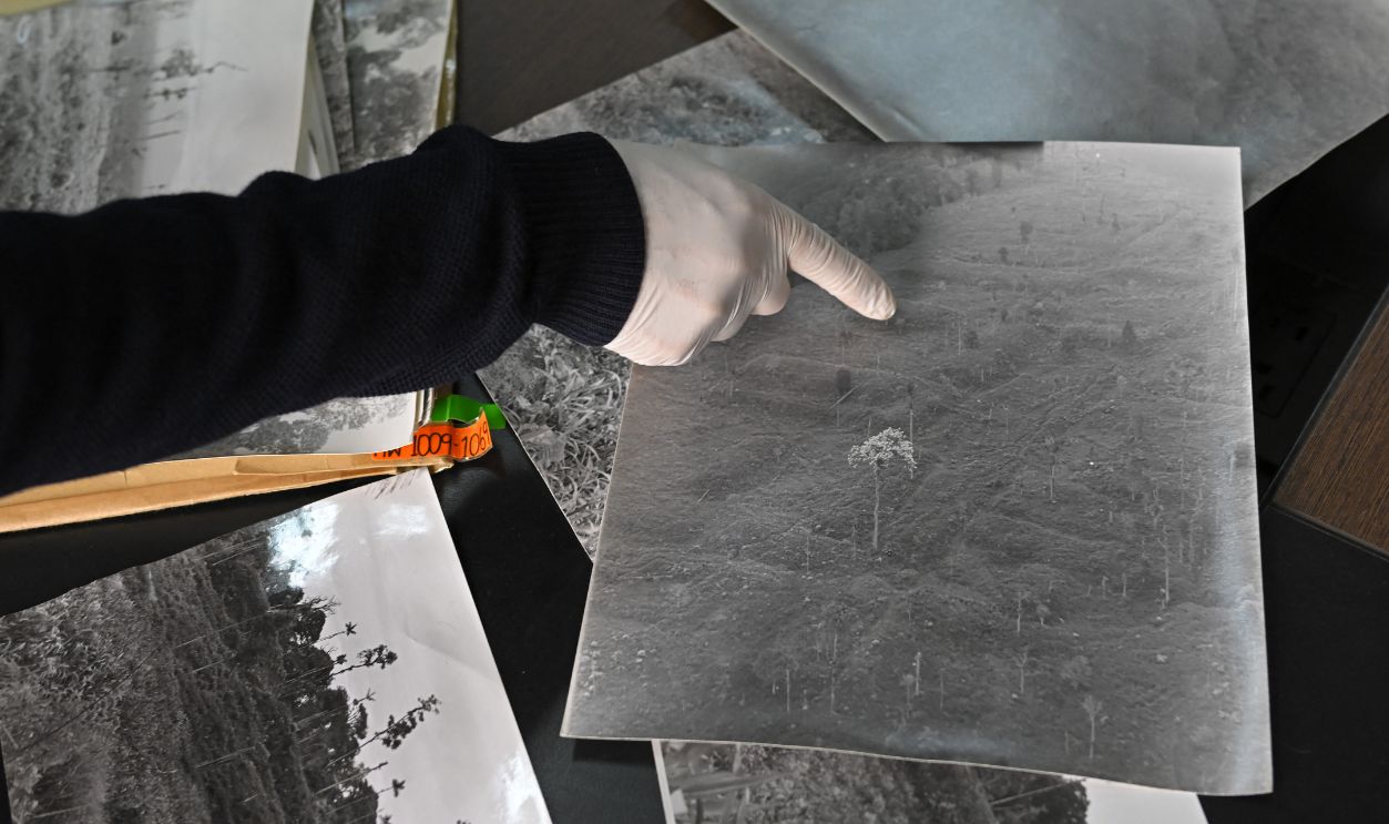 Ecuadorian archaeologist Alden Yepez shows pictures of archaeological investigations made in the Ecuadorian Amazon during an interview with AFP at the Universidad Catolica's Weilbauer-Porras museum in Quito, on February 2, 2024. The thickness of the forest protected them for thousands of years, but the passage of machinery and natural erosion have put at risk enormous mounds of an ancient Amazonian civilization in the Upano valley, in Ecuador, where strategies for the conservation of a 