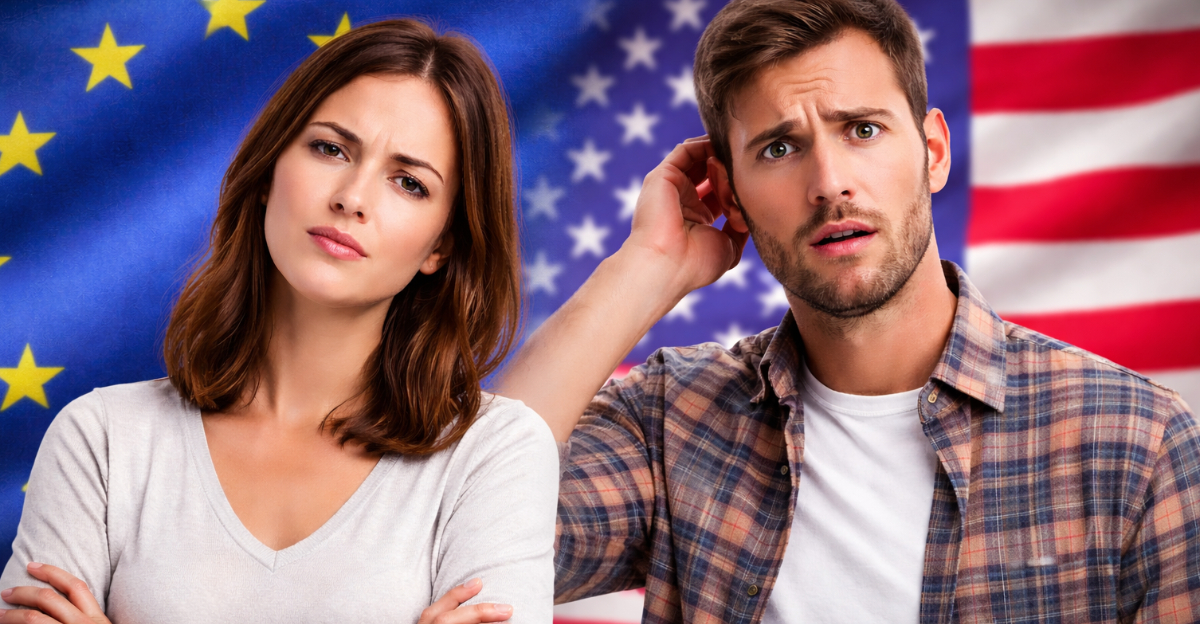 Europe Woman USA Man With Flags background