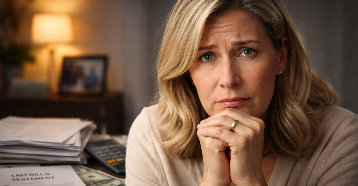 worried woman in front of a last will and testament and a calculator