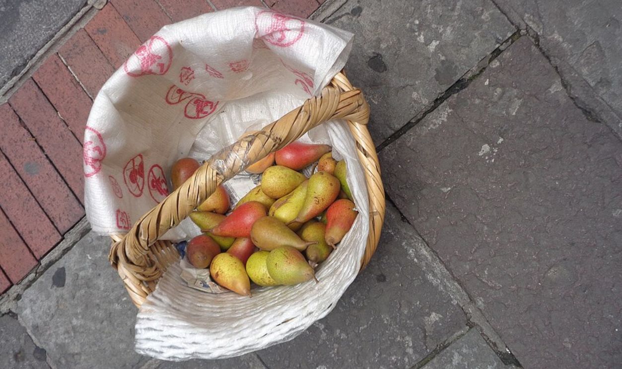 Selling fruit from a basket in the Andes Mountains