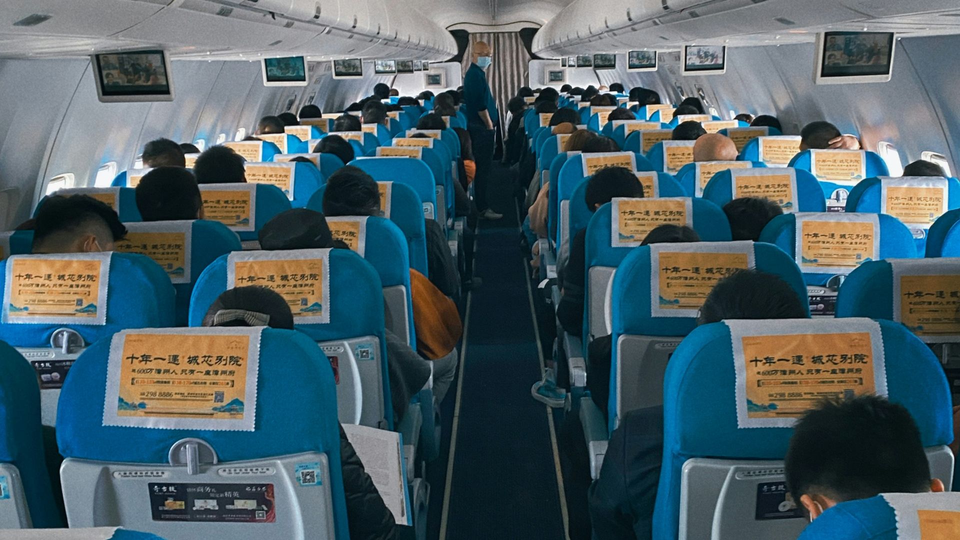 people sitting on blue and white airplane seats