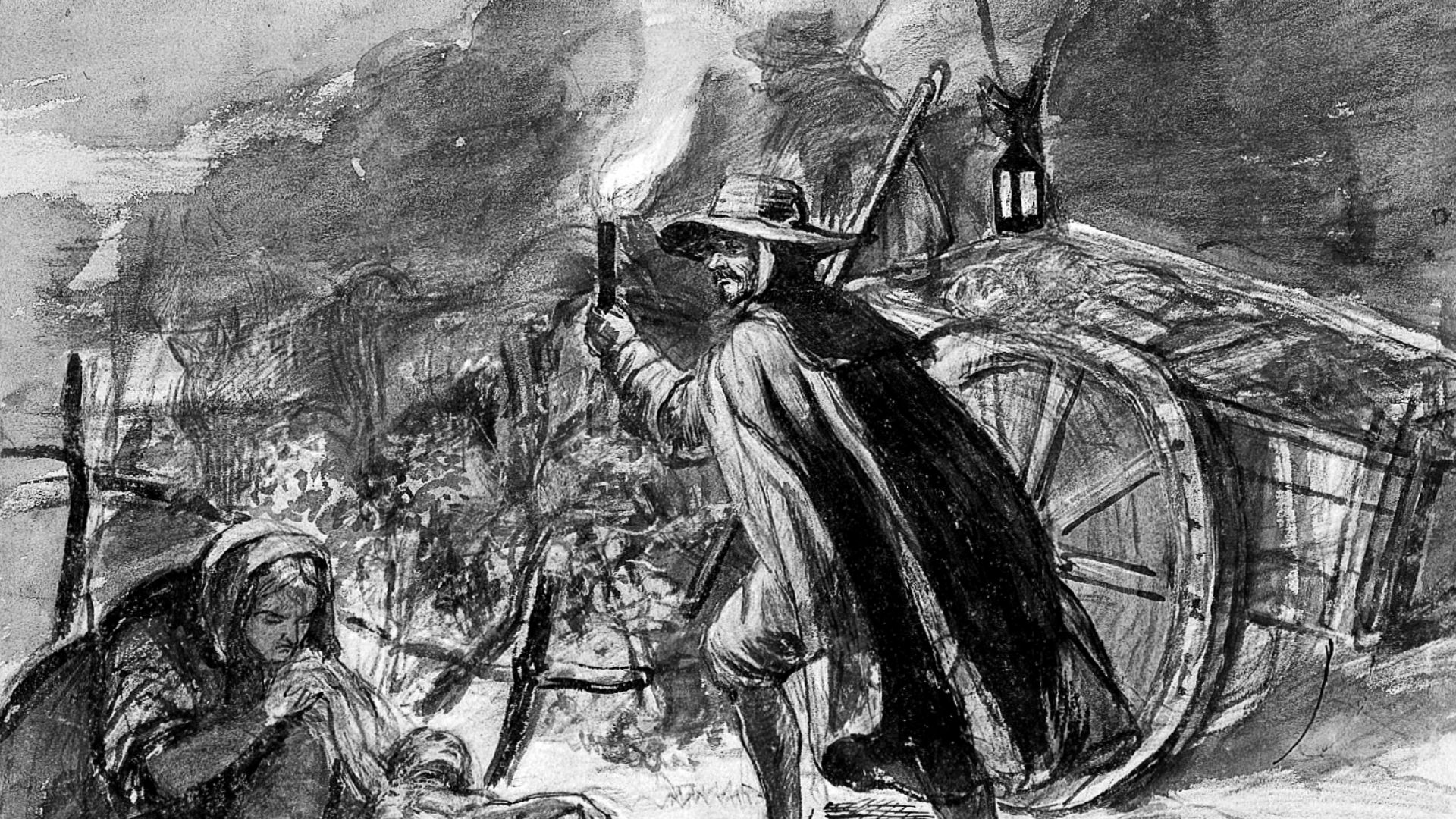 File:A man with a torch walking alongside a cart of plague victim Wellcome L0004066.jpg