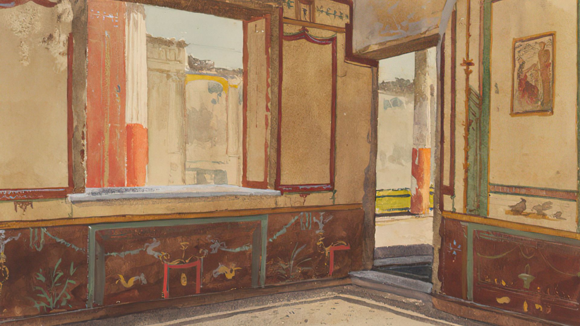 File:Frescoed room in Pompeii watercolor by Luigi Bazzani.jpg