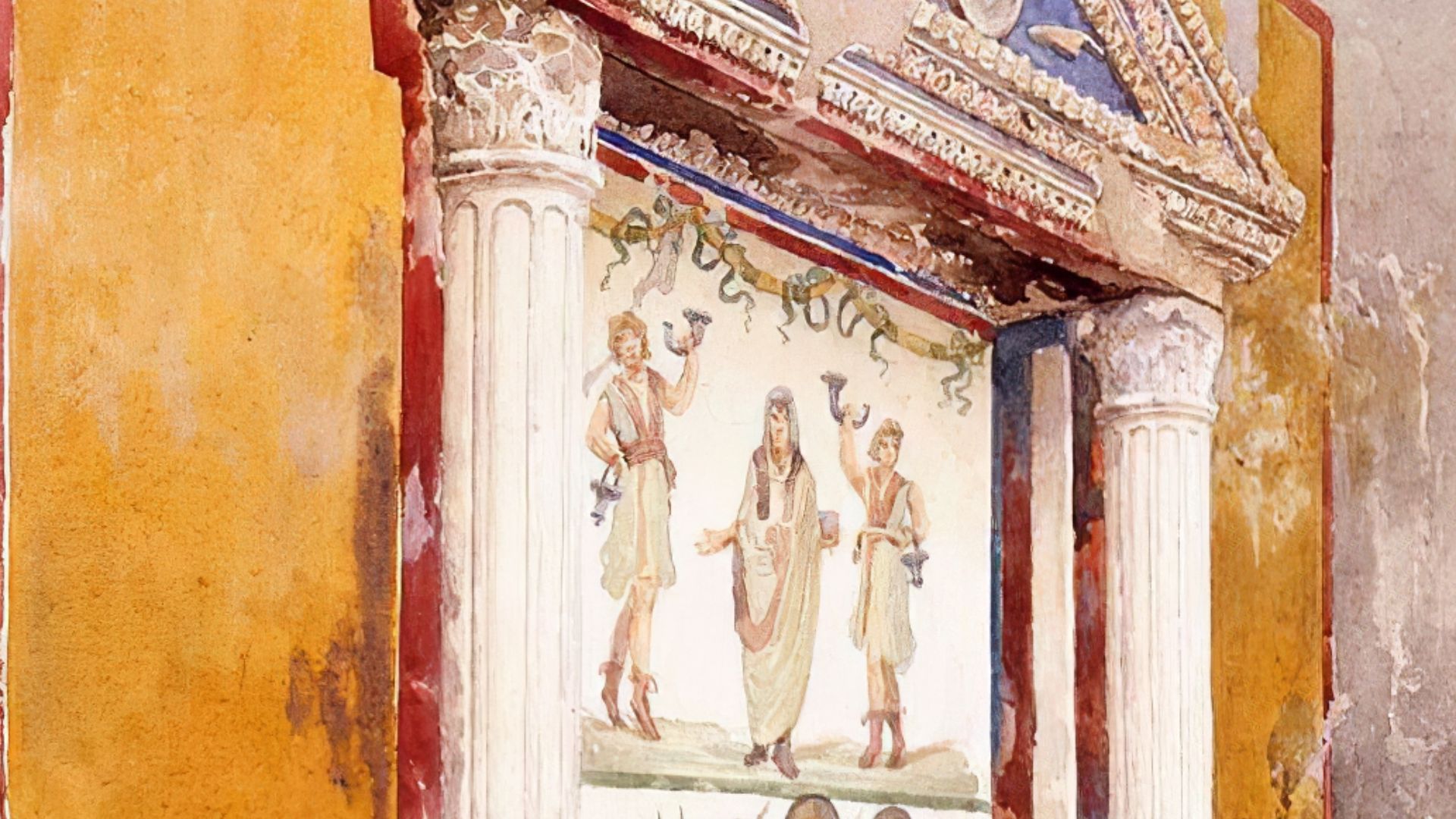 File:Lararium of a family altar, seen in situ after excavation, House of Aulus Vettius, Pompeii, c36-39 CE, 1895 watercolor by Luigi Bazzani.jpg