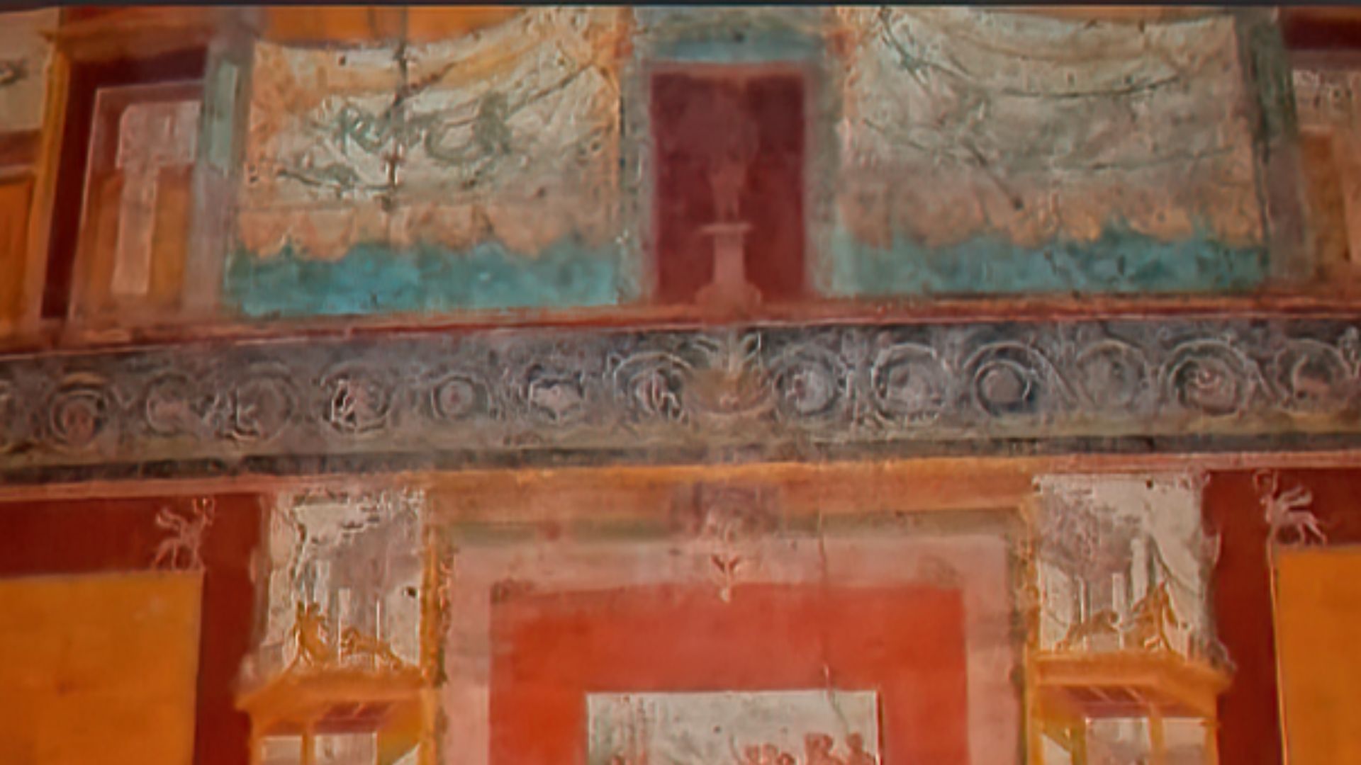 File:Beautiful frescoes in an oecus of the House of Sirico excavated in 1851 Pompeii Prowalk.jpg