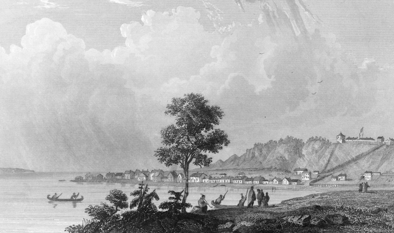 Gettyimages - 459779981, FORT MICHILIMACKINAC An Illustration of Fort Michilimackinac and Native Americans in Michigan. Circa 1800.