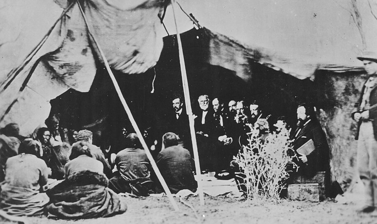 Photograph of General William T. Sherman and Commissioners in Council with Indian Chiefs at Fort Laramie, Wyoming