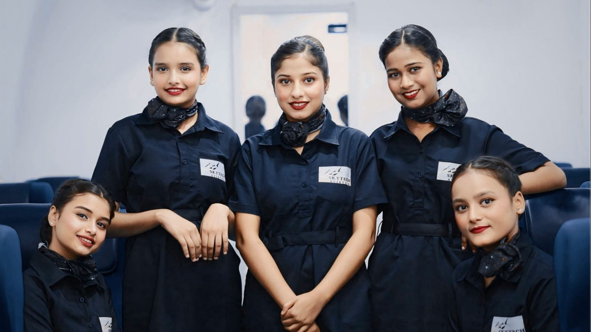Five women in dark blue uniforms inside airplane