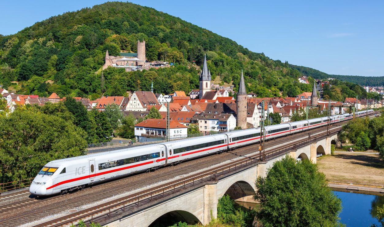 Gemuenden am Main, Germany - August 3, 2022: ICE 2 of Deutsche Bahn DB high-speed train railway in Gemuenden am Main, Germany.
