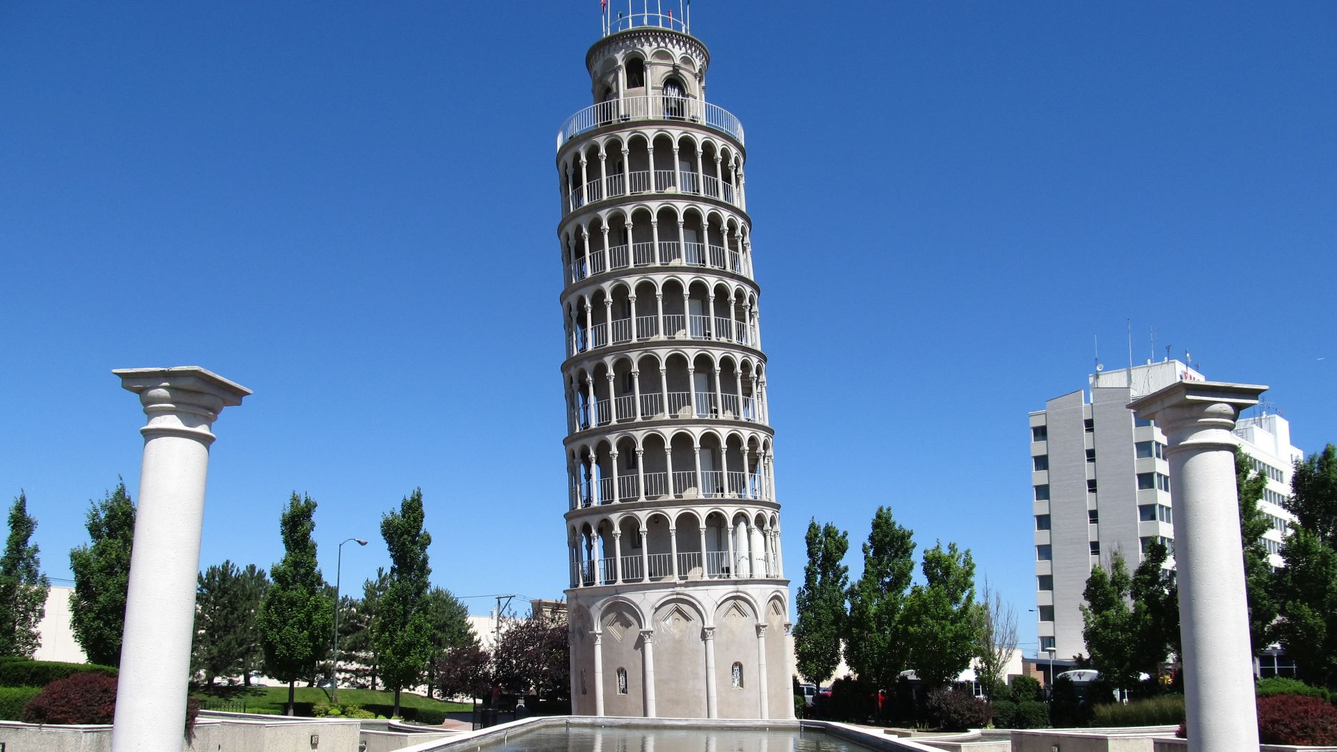 The Leaning Tower of Niles, Illinois, was completed in 1934 by industrialist Robert Ilg as part of a recreation park for employees of the Ilg Hot Air Electric Ventilating Company of Chicago. It is situated at 6300 W. Touhy Avenue and it is a 1/2 size copy