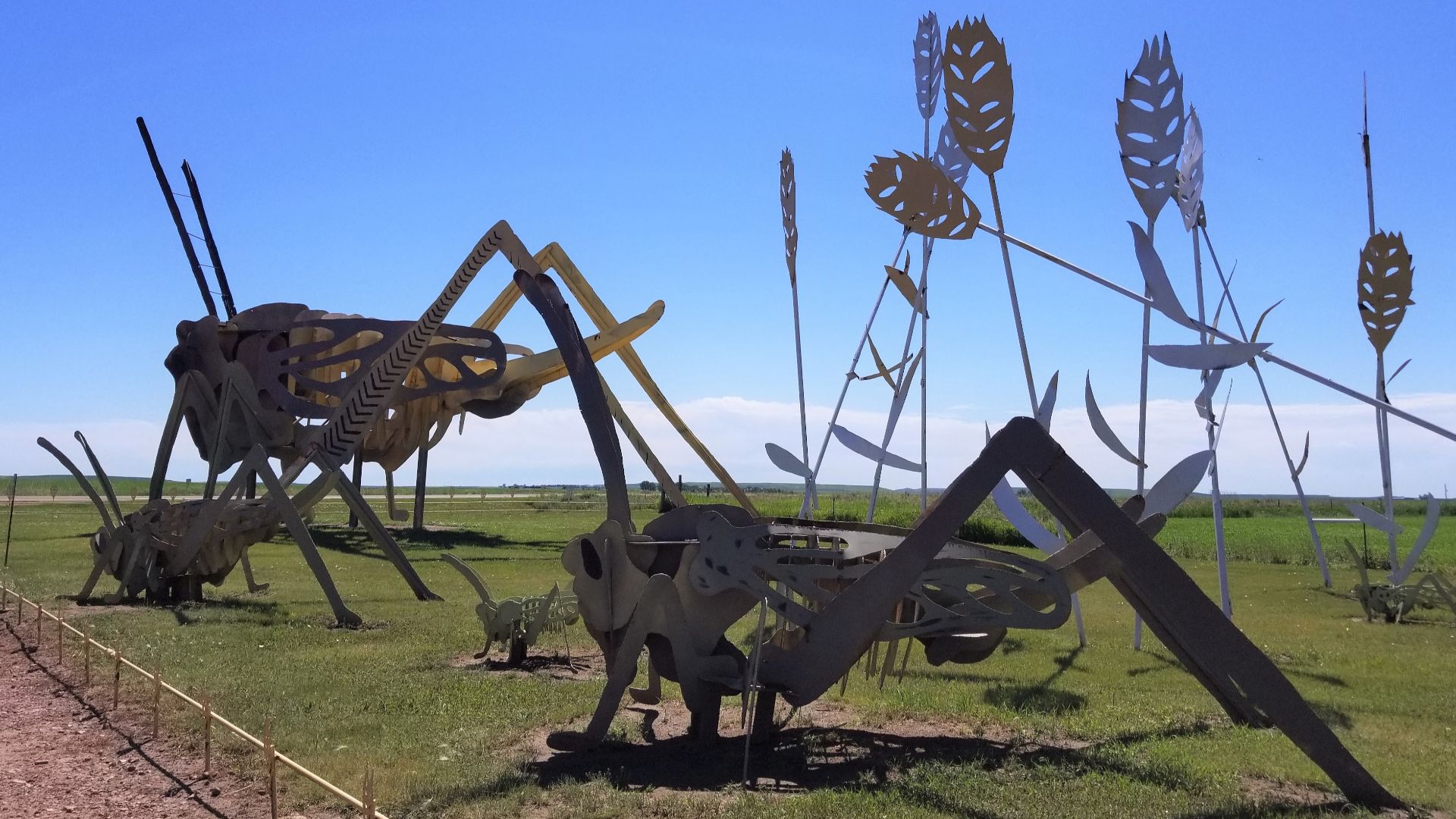 Photo of the scrap metal artwork Grasshoppers in the Field (1999), one of the scrap metal artworks along North Dakota's Enchanted Highway