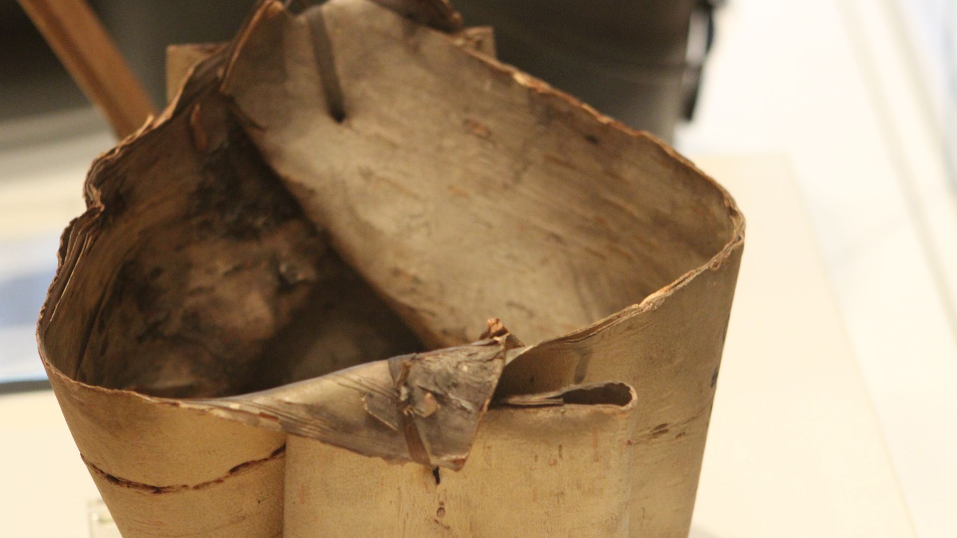 A First Nations birch bark container at the Sigmund Samuel Gallery of Canada of the Royal Ontario Museum.