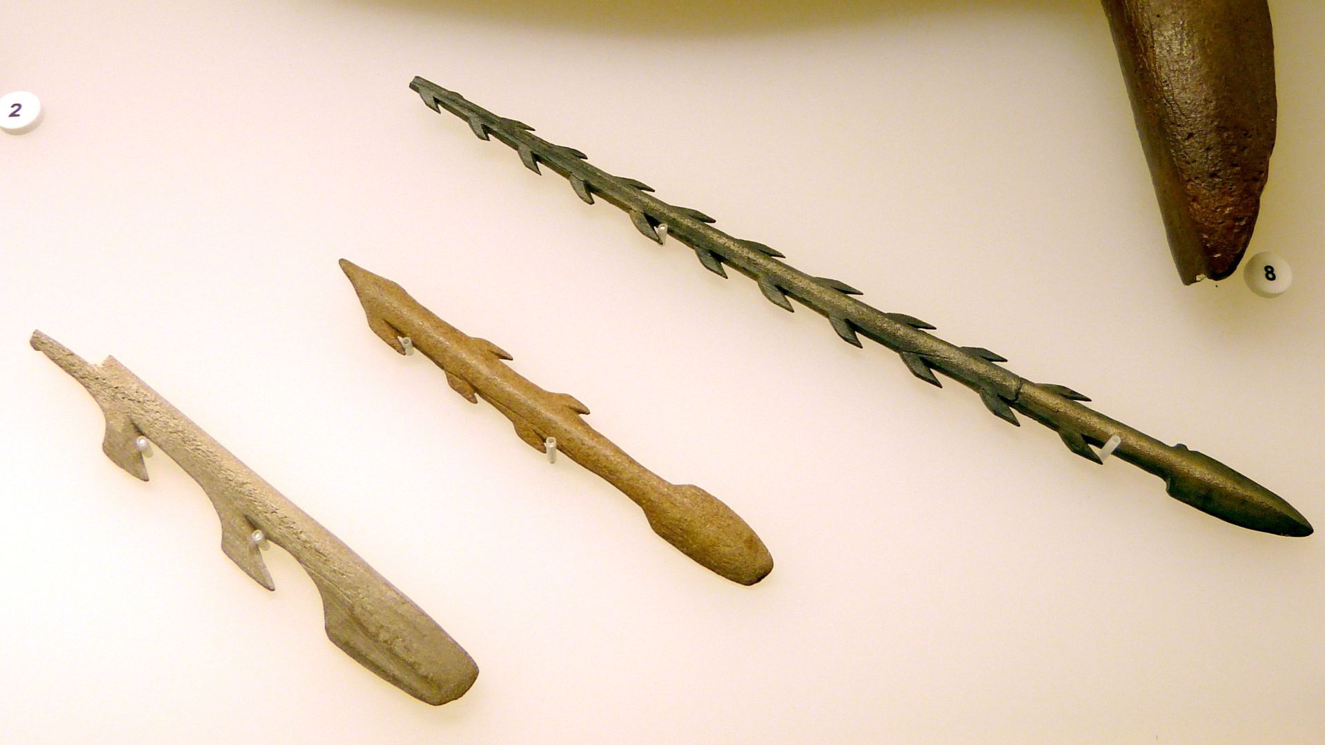 Brandenburg an der Havel ( Germany ) . Archaeological Museum of the state of Brandenburg - Stone Age Gallery:Mesolithic harpoons and Lingby ax ( 11th millenium BC ).