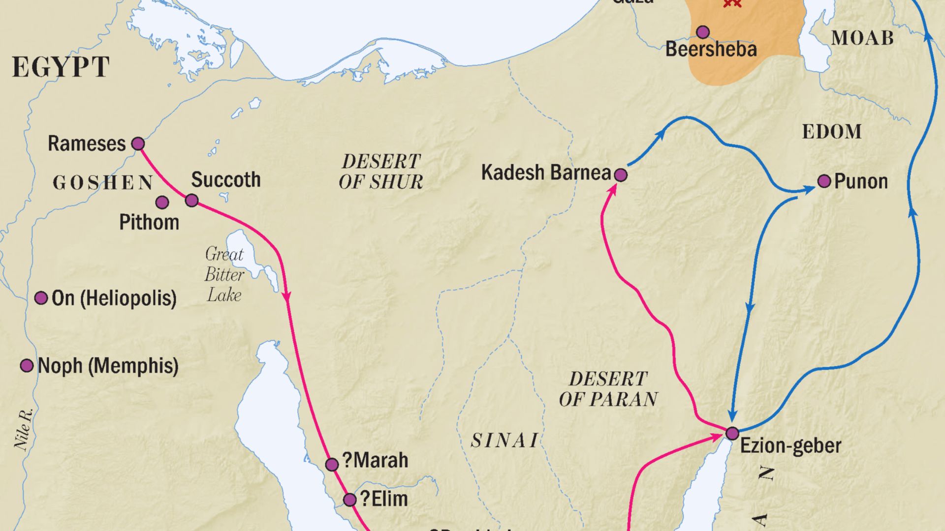 A map showing the exodus from Egypt and the conquest of Canaan.