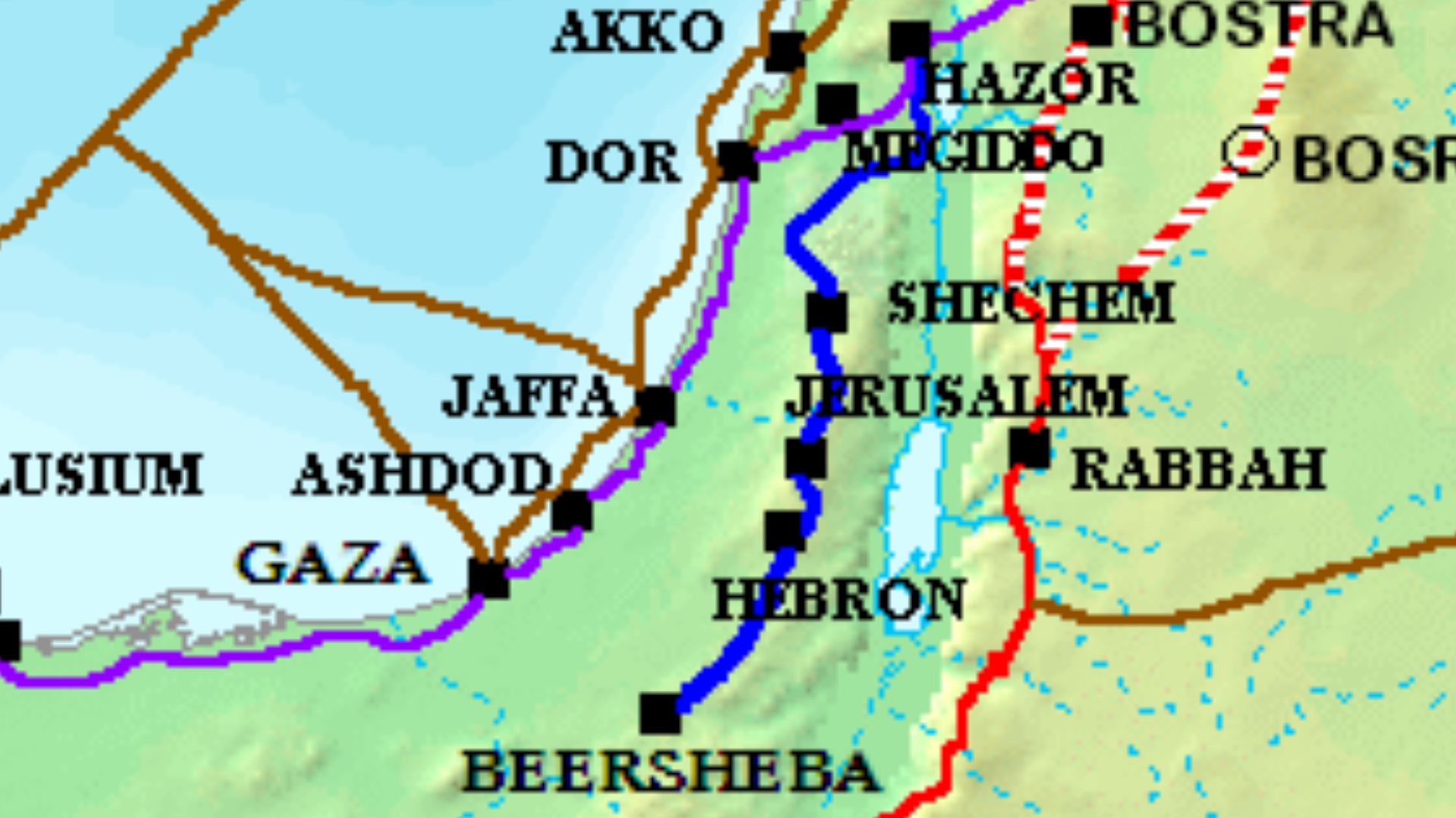 Way of the Patriarchs (blue), Via Maris (purple), King's Highway (red), and other ancient Levantine trade routes (brown), c. en:1300 BCE