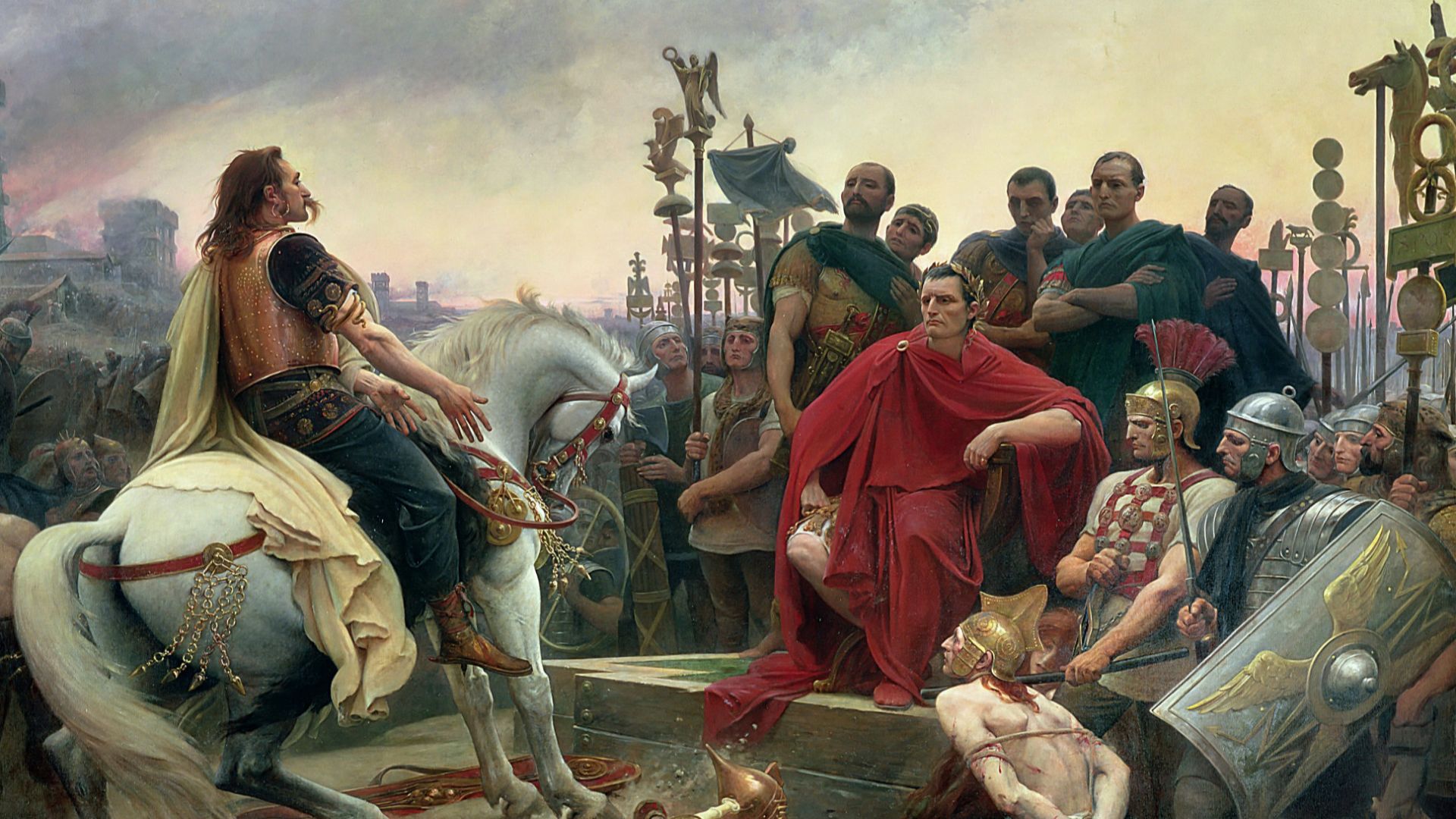 The painting depicts the surrender of the Gallic chieftain after the Battle of Alesia (52 BC).  The depiction of Gauls with long hair and mustaches is also called into question today. The horse is a Percheron, although at this time this breed was not in G