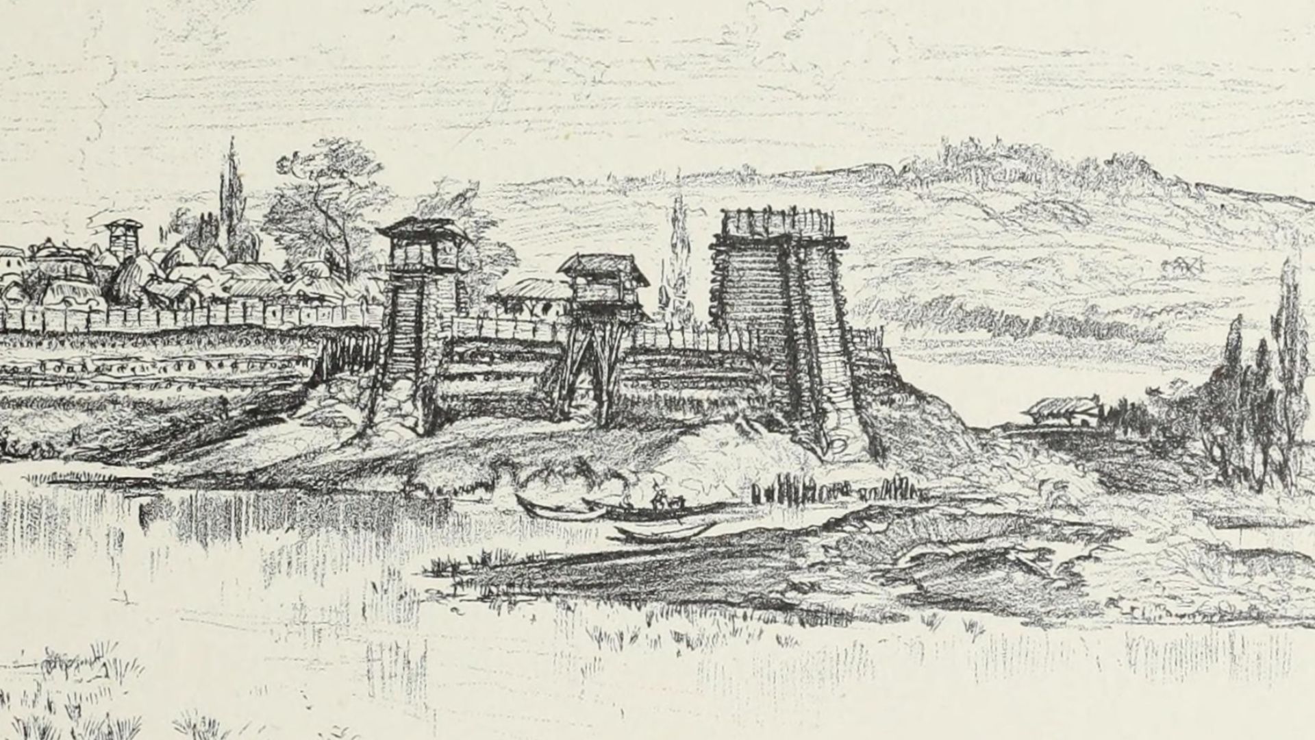 Albert Robida - Gallic Lutetia. Tip of the island with the islets over which the current Pont-Neuf passes.