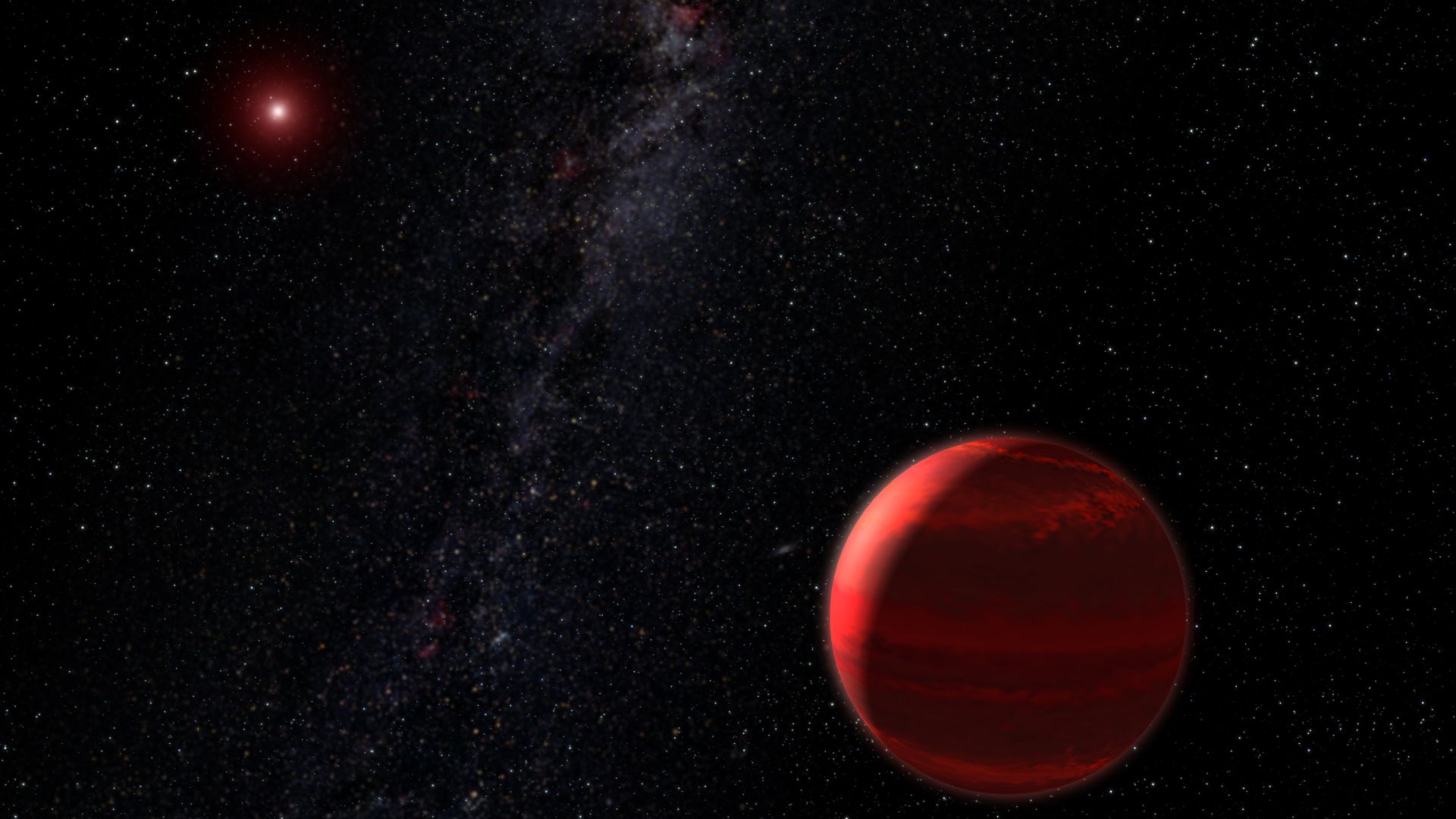 Artist's conception of a the red dwarf star CHXR 73 A and its companion object CHXR 73 B.  The companion object is around 12 Jupiter masses, and may either be a planet, a failed star or a brown dwarf