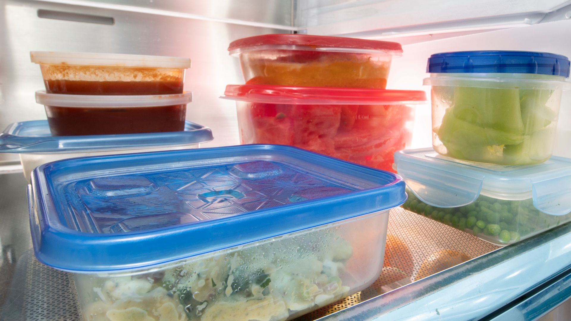 Refrigerator with leftovers stored in sealable clear containers, on June 8, 2020, in San Antonio, TX. 
The refrigerator shows recommended and unrecommended storage practices. It is always recommended to keep your refrigerator and pantry clean and organize