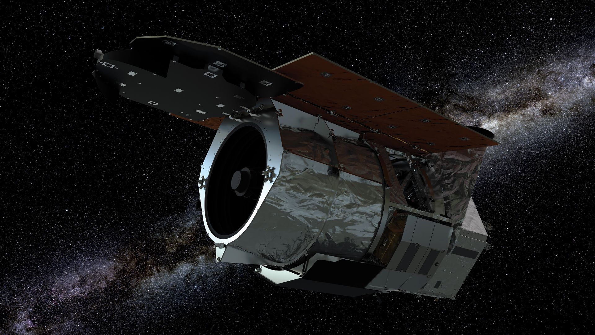 This is an artist’s illustration of the Nancy Grace Roman Space Telescope spacecraft against a starry background. The Roman Space Telescope is a Hubble-sized telescope planned for launch in the mid-2020s. It will revolutionize astronomy by building on the